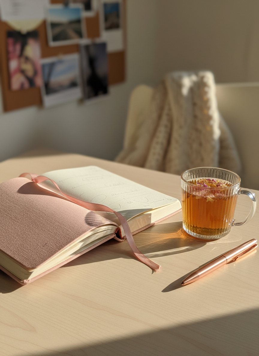 A blush-pink hardcover journal with a satin ribbon bookmark lies open on a pale wooden desk, its creamy pages filled with neat, handwritten reflections suggested by gentle pen impressions and soft page curves rather than visible text. Beside it, a rose-gold pen rests near a delicate glass mug of herbal tea with floating petals. Warm afternoon light pours in from an unseen window, casting soft, elongated shadows and a golden glow across the scene. In the softly blurred background, a corkboard with pinned mementos and a cozy knit throw on a chair hint at a feminine, inviting workspace. Photographic realism, eye-level composition, shallow depth of field, with a playful yet calming atmosphere perfect for a lifestyle blog header.