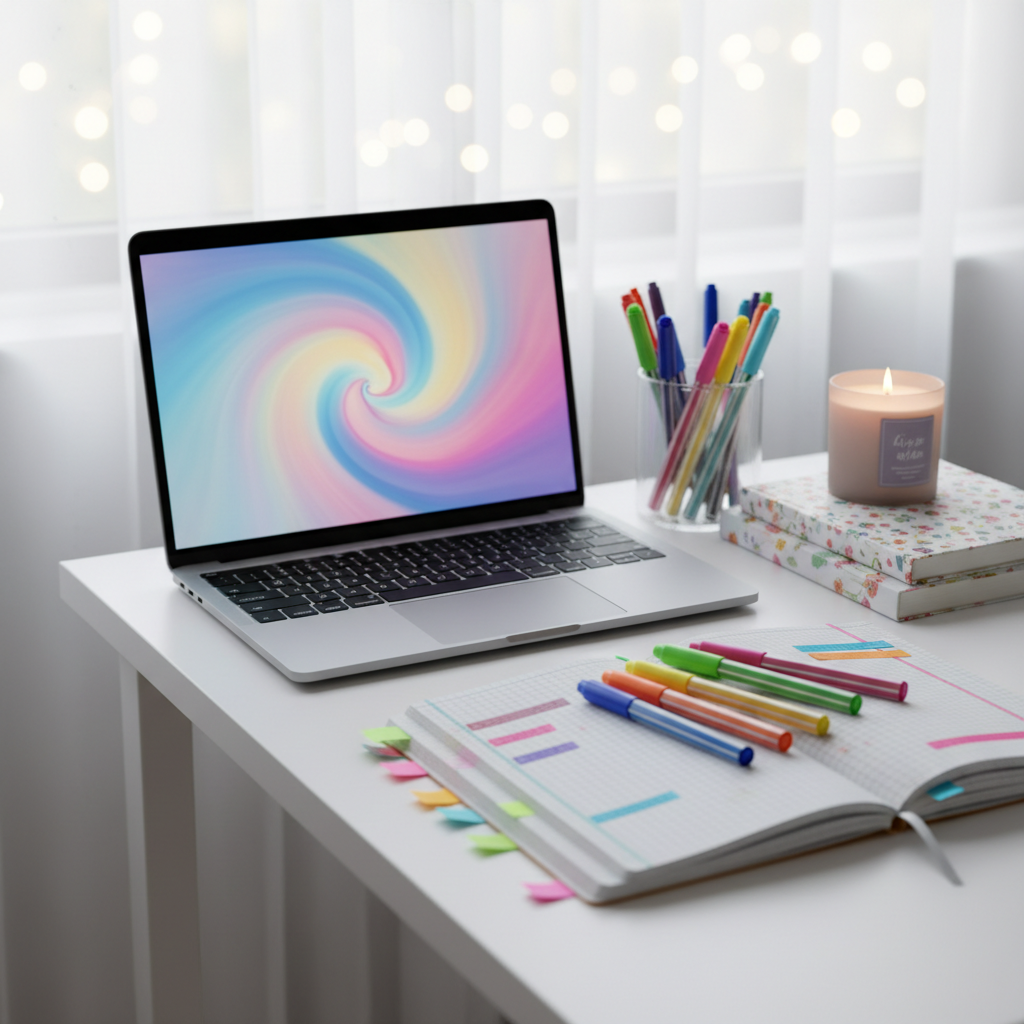 A tidy study nook featuring a slim, silver laptop on a white desk, the screen tilted slightly and showing a softly glowing, abstract pastel pattern instead of readable content. Colorful gel pens spill from a clear acrylic cup onto an open, grid-lined notebook with highlighted sections and sticky tabs, all implying active studying without legible text. A lavender-scented candle in a frosted glass jar flickers gently beside a small stack of floral-covered textbooks. Soft morning light filters through sheer curtains, creating a delicate, diffused glow and subtle bokeh in the background. Photographic realism, shot from a slightly elevated angle with shallow depth of field, conveying focused yet playful school and study vibes for a lifestyle blog.