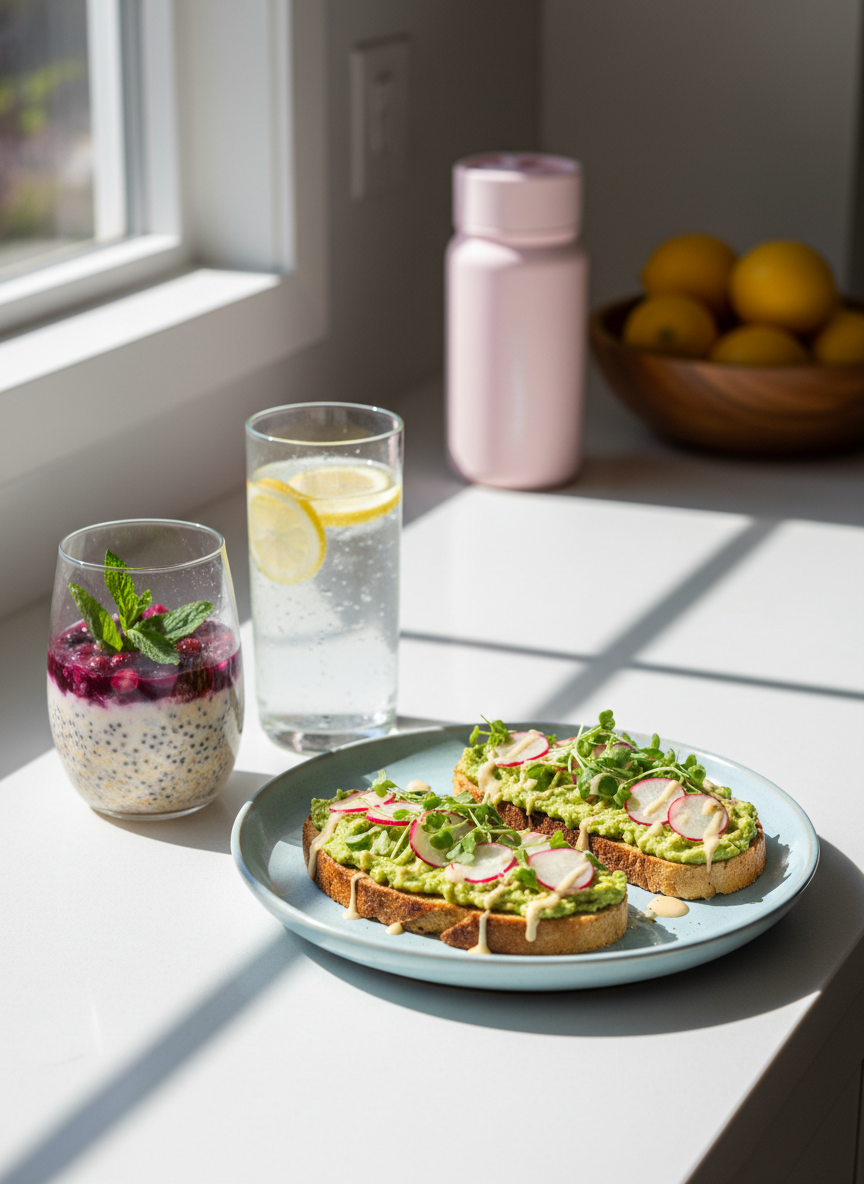 A charming kitchen counter scene with a pastel ceramic plate filled with avocado toast topped with radish slices, microgreens, and a soft drizzle of sauce, each texture captured in crisp detail. Nearby, a clear glass jar holds layered overnight oats with berries and chia seeds, and a tall tumbler of infused water with lemon and mint adds freshness. The white quartz countertop gleams in soft, natural daylight pouring from a side window, casting clean shadows and bright highlights. In the background, artfully blurred, sit a pink blender bottle and a bowl of lemons. Photographic realism, shot from a slightly elevated angle with a bright, airy, health-conscious mood perfect for food and fitness lifestyle content.