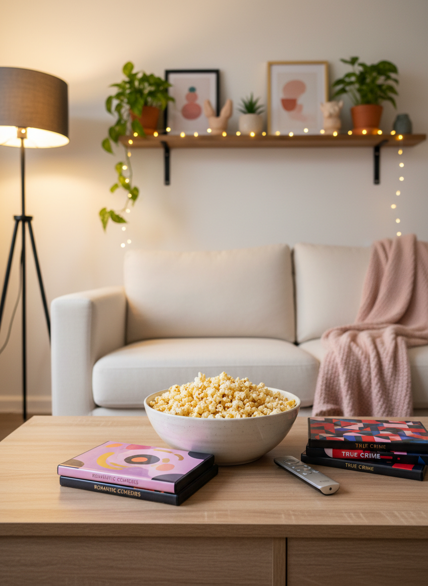 A cozy entertainment corner with a low, pale wood coffee table holding a neatly arranged stack of colorful DVD cases and a slim remote, all with abstract, non-readable designs hinting at romantic comedies and true crime shows. A plush, blush-toned throw blanket is draped over the arm of a cream sofa, and a bowl of perfectly buttered popcorn sits in the center of the table. String lights softly twinkle along a wall-mounted shelf filled with plants and decorative objects. Warm, dim evening lighting from a floor lamp creates a snug, cinematic atmosphere. Photographic realism, eye-level composition, gentle depth of field, capturing the playful, unwind-and-binge-watch side of a lifestyle blog.